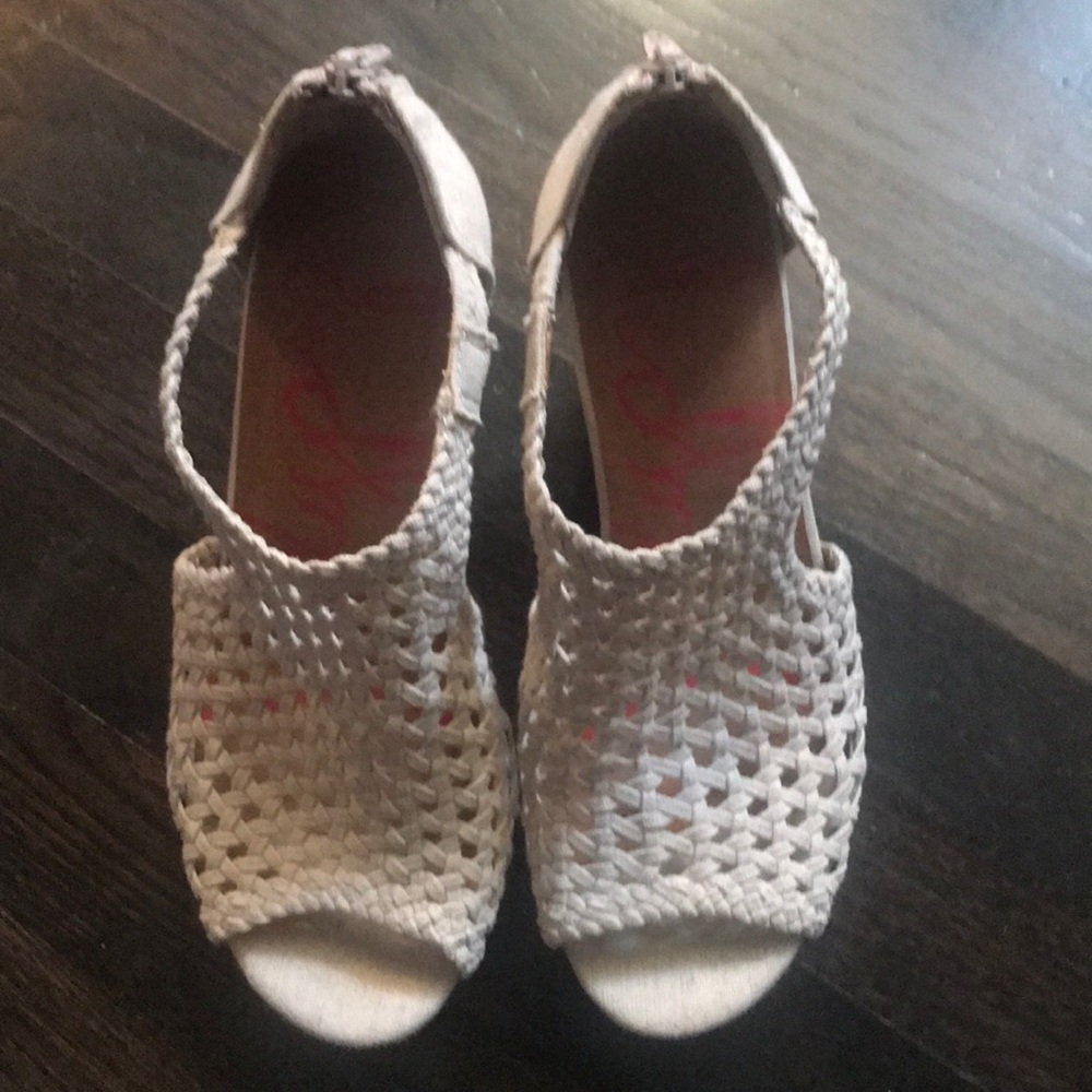 Cream colored fabric cork wedges